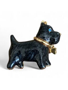 AAI Vintage Scottish Terrier Brooch, Black Enamel, Rhinestone Bow Realistic